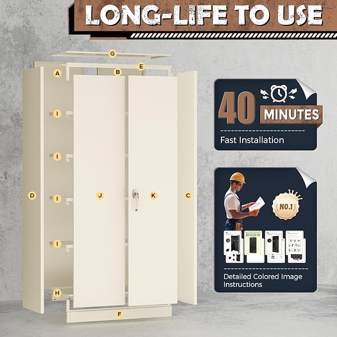 INTERGREAT Tall Metal Storage Cabinet Locking Steel with 4 Adjustable Shelves,72" Lockable Cabinets Lock 2 Doors for Office Garage Supply Home (Cream Gray)