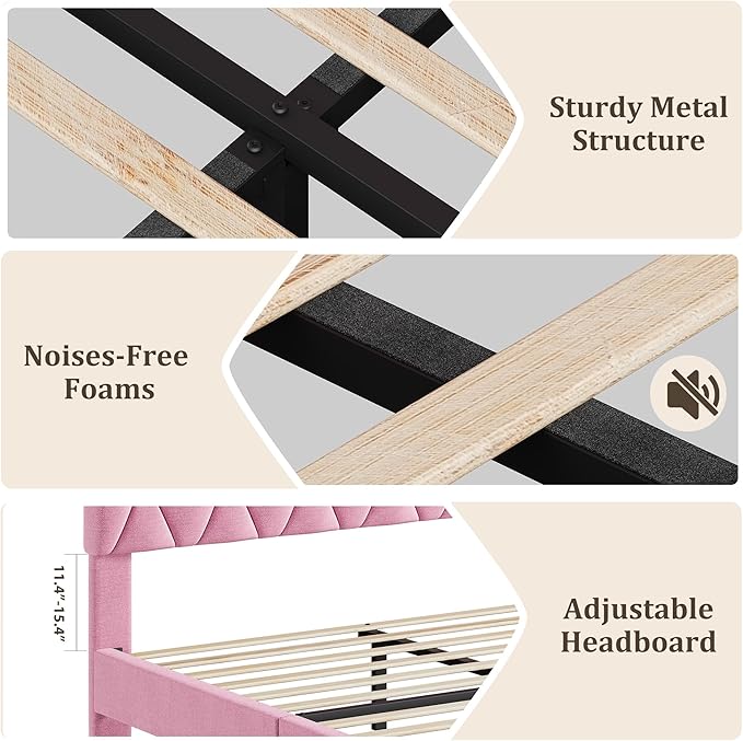 GarveeHome Pink Full Bed Frame with Upholstered Headboard, Heavy-Duty Platform Bed Frame with Strong Wood Slats, No Box Spring Needed/Noise Free/Easy Assembly