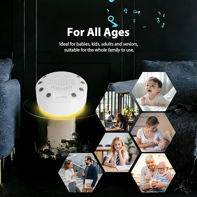 S318 Sound Machine, White Noise Sound Machine for Sleep, Baby, Kids, Adults, Home, Office, Travel, Portable, 25 Non-Looping Sounds, 11-Color Night Light, Memory & Timer, BT5.3, Rechargeable