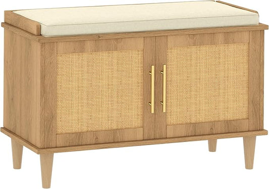 Akxomel Rattan Shoe Storage Bench with Cushion, 2-Tier Entryway Bench with Adjustable Shelves and 2 Doors, 15" D x 31.5" W x 20" H, Solid Wood Legs, for Hallway, Living Room, Bedroom, Natural Oak