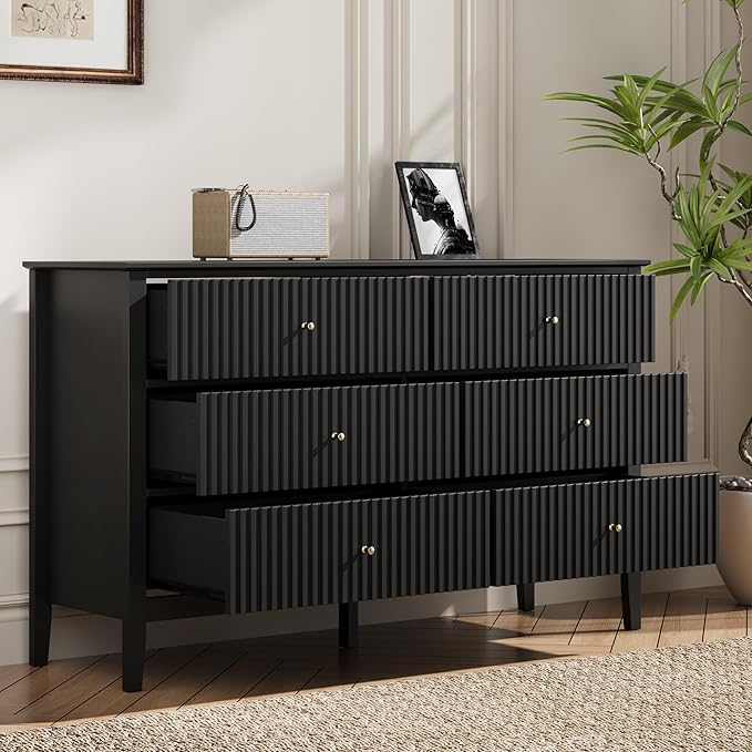 FansaFurn Black Dresser Fluted 6 Drawer Dresser Wide Modern Chest of Drawers Large Closet Dressers Wood Storage Dressers Organizer Storage Cabinet for Bedroom Living Room Hallway Entryway