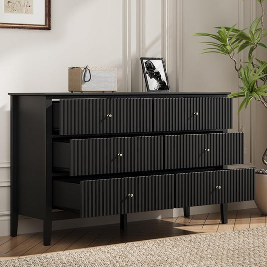 FansaFurn Black Dresser Fluted 6 Drawer Dresser Wide Modern Chest of Drawers Large Closet Dressers Wood Storage Dressers Organizer Storage Cabinet for Bedroom Living Room Hallway Entryway