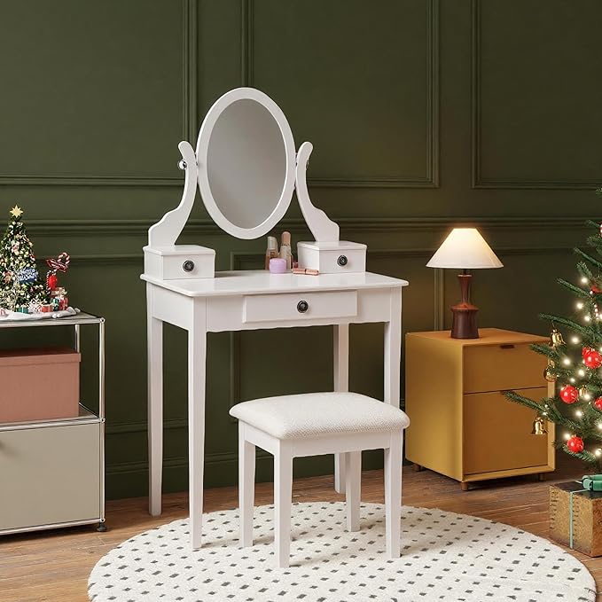 Roundhill Furniture Moniya White Wood Vanity Table and Stool Set (3415WH) Medium