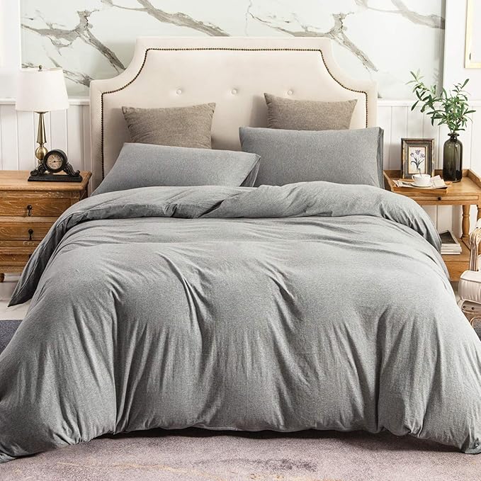 PURE ERA Jersey Knit Duvet Cover Set 100% T-Shirt Cotton Super Soft Comfy 3pc Bedding Set with Zipper Closure (Heather Dark Grey, King)