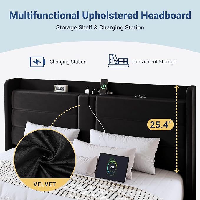 Allewie King Size Platform Bed Frame with Charging Station & Storage Headboard, Upholstered Velvet Wingback Design & USB Port, Strong Wooden Slats Support, No Box Spring Needed, Easy Assembly, Black