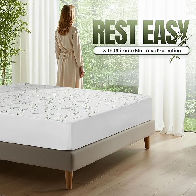 Utopia Bedding Waterproof Mattress Protector Twin Size Bed, Premium 200 GSM Bamboo Viscose Cooling Mattress Cover, Soft and Breathable, Fitted Style with 15 Inches Deep Stretchable Pockets
