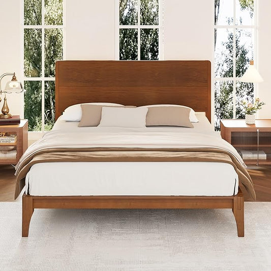 12 Inch Bamboo Full Size Bed Frame, Platform Bed Frame with Headboard, Mid-Century Modern Bed Frames Wood Foundation Beds with Slats Metal Support, No Box Spring Needed, Easy Assembly, Brown