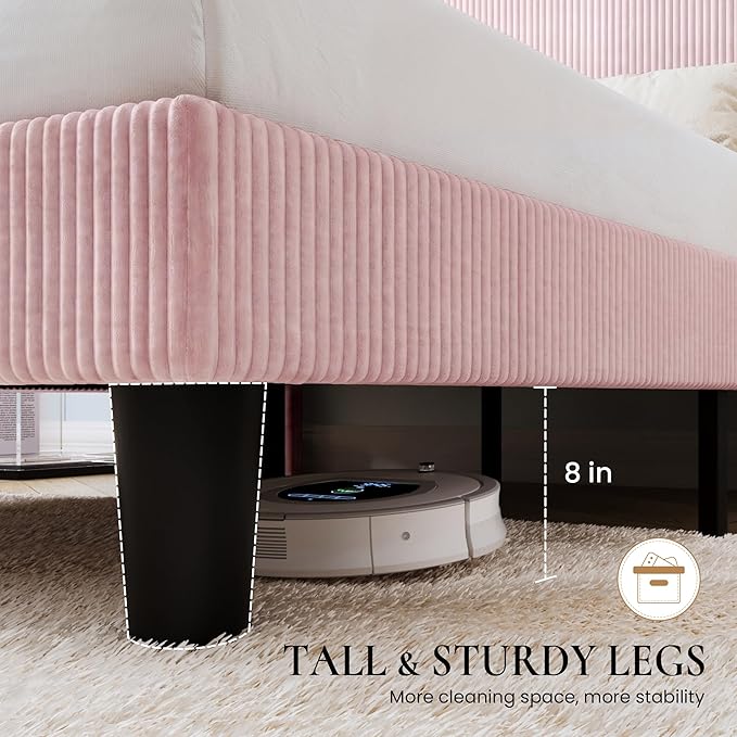SHA CERLIN Full Size Corduroy Upholstered Platform Bed Frame with Vertical Channel Tufted Wingback Headboard, 8" Under Bed Storage, Wooden Slats & Metal Frame Support, Easy Assembly, Light Pink