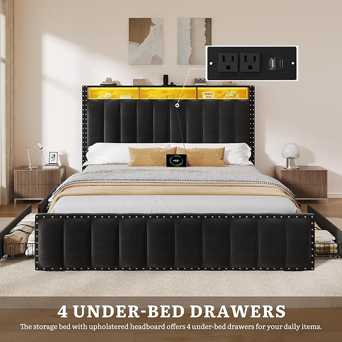 DWVO Queen Size Bed Frame with 4 Storage Drawers and RGB LED Lights, Velvet Upholstered Platform Bed with Charging Station and Bookcase Storage Headboard, No Box Spring Needed, Easy Assembly, Black