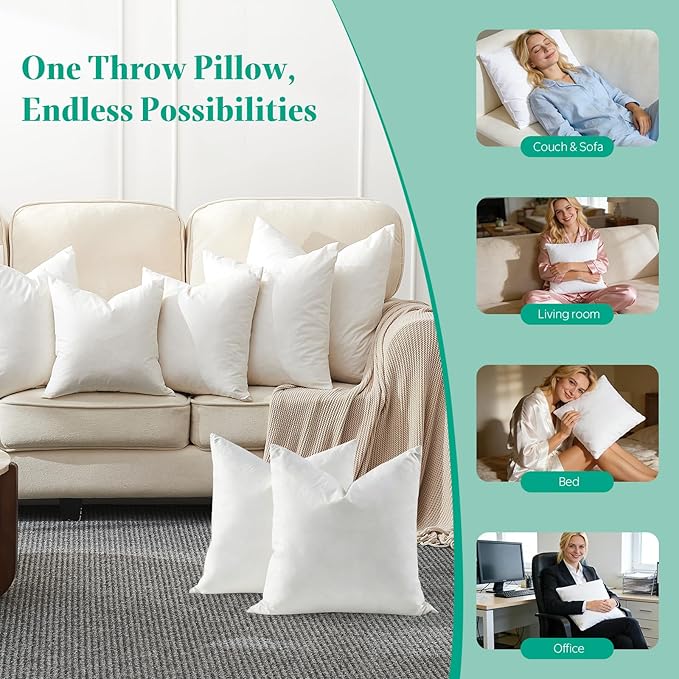 APSMILE Down Feather Throw Pillow Inserts, 20x20 Pillows Set of 2 with Organic Cotton Cover, Soft Square Decorative Pillows for Couch Living Room, Sofa, and Bed（White）