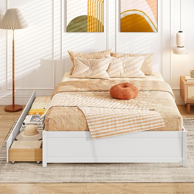 Giantex Queen Size Bed Frame with 2 Storage Drawers, Solid Wood Platform Bed with Slats Support, Heavy Duty Daybed with Storage, No Box Spring Needed, Queen Bed Frames for Teens Adults, White