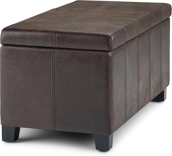 SIMPLIHOME Dover Storage Ottoman Bench - 36 inch Wide Upholstered Vegan Leather Rectangular Lift-Top Ottoman in Distressed Brown, Contemporary Bench for Living Room with Safety Hinges