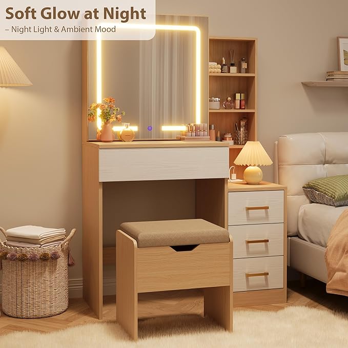 IDEALHOUSE Vanity Desk with Mirror and Lights, Vanity Table and Chair Set with 4 Drawers and Charging Station, Dresser LED Sliding Mirror with 3 Color Modes Adjustable Storage Shelves, Natural+White