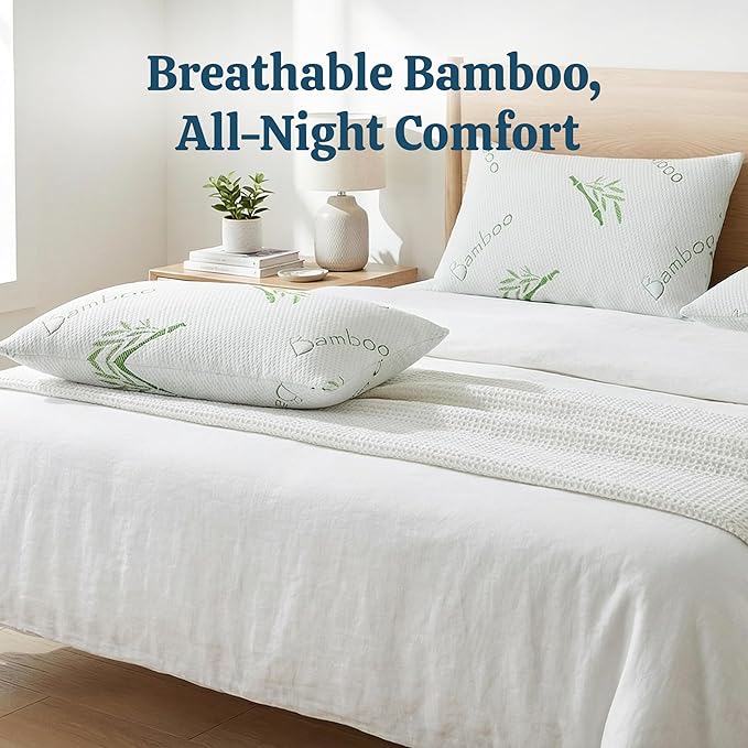 OMEO 2 Pack Standard Size Rayon Derived from Bamboo Pillow for Sleeping Shredded Memory Foam Bed Pillows for Side, Back and Stomach Sleepers, Soft, Cooling, Adjustable and Washable Cover 20" x 26"