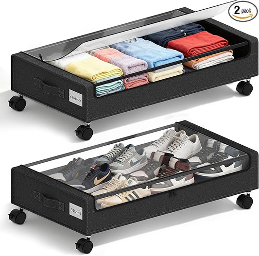 Under Bed Storage with Wheels - 2Pack 60L Underbed Storage Containers with Clear Lid & Label, Rolling Under Bed Storage Bins for Clothes, Shoes, Blankets (XL,Black)