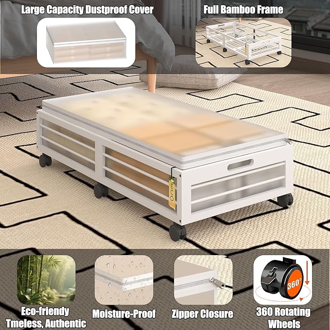Bamboo Underbed Storage Containers with Wheels & Bag 2 Pack, Large Under Bed Rolling Storage Bins Wood Under Bed Clothes Storage Stackable Drawers for Bedroom Closet Under Crib Toy(White)