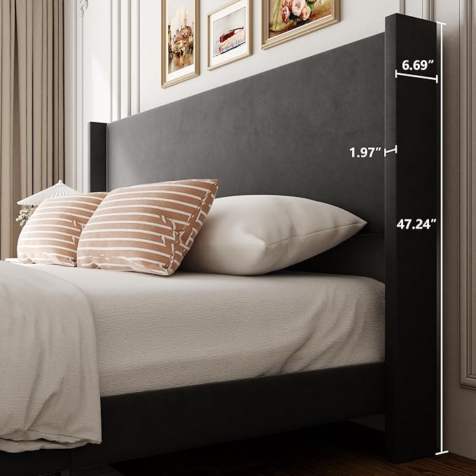 Sismplly Queen Bed Frame with Wingback Headboard, Velvet Upholstered Platform Bed with Wooden Slats, 6.46“ Under Bed Storage, Metal Support, Noise Free, No Box Spring Needed, Gray
