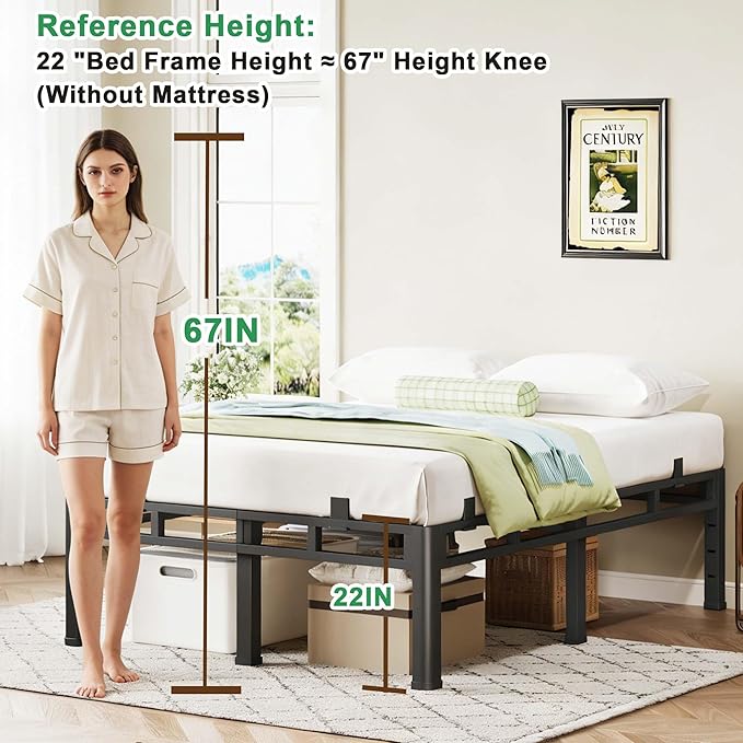 ROIL 22 Inch King Size Bed Frame, Metal Bed Frame & Box Spring 2 in 1 Platform with Round Corner Legs, 4000LBS Double Layer Bed Frame with Headboard Holes Mattress Baffles, Noise-Free Easy Assembly