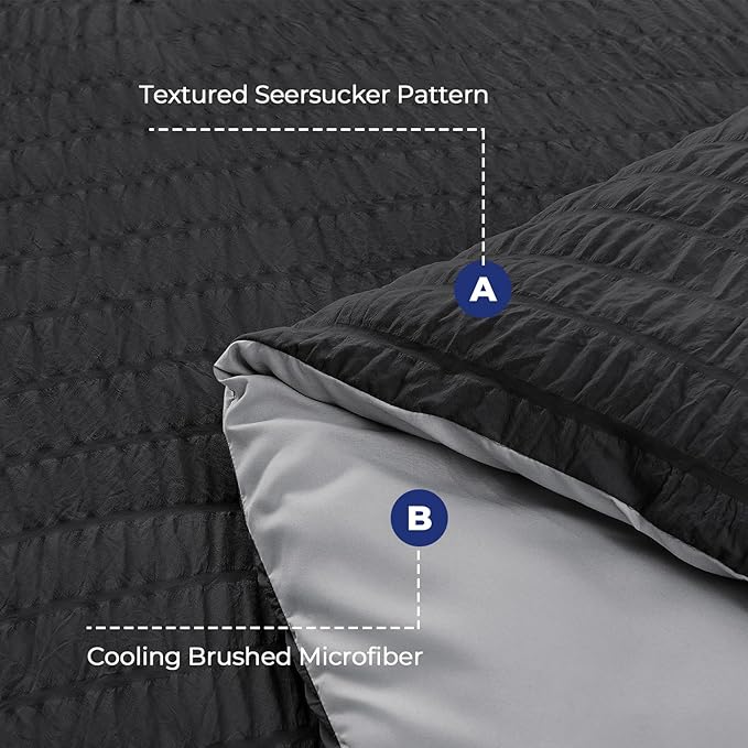 HYMOKEGE Black/Light Grey Duvet Cover King Size, Ultra Soft 3-Piece Seersucker Duvet Cover Set with Zipper Closure, Soft Brushed Microfiber Bedding Set with 8 Corner Ties (104"x90", 2 Pillowshams)
