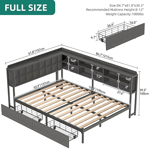 Full Corner Bed Frame with Storage Drawers and Bookcase & Flip-up Storage Headboard, Full Size Platform Corner Bed Frame with Charging Station and LED Lights, Full Daybed for Dorm or Guests, Grey