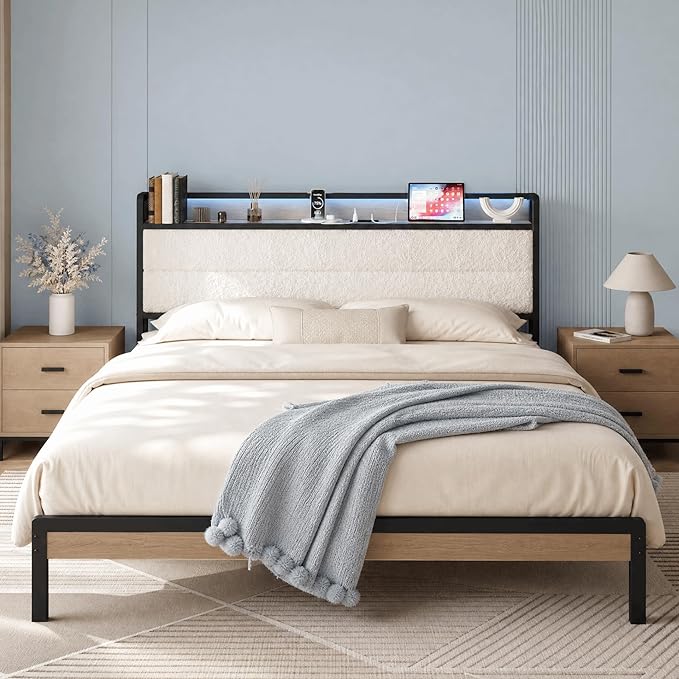 LIKIMIO King Size Bed Frame, Storage Headboard with LED Lights and Charging Station, Metal Platform Bed No Box Spring Needed, Noise Free, Under Bed Storage, Natural and Cream
