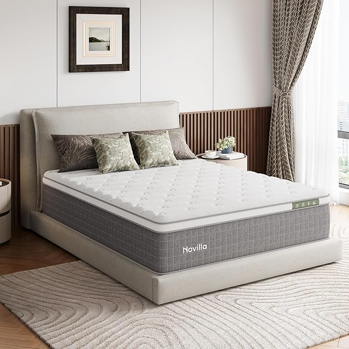 Novilla 14 Inch Queen Size Mattress,Hybrid Queen Mattress with Gel Memory Foam, Cool-to-Touch Nylon Blend & Pocketed Coils for Adaptive Body Support & Motion Isolation CertiPUR-US Certified