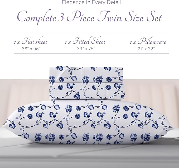 Carressa Linen Luxury Egyptian Cotton Twin XL Printed Sheet Set - 600 Series Extra Long Staple 3 PC Set, Floral Blue Twin XL Sheets, Soft, Cooling Sateen Weave Sheets Upto 18 in Deep Pocket