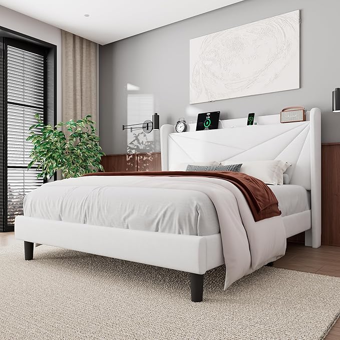 Feonase Queen Size Bed Frame with Charging Station, Velvet Upholstered Platform Bed Frame with Wingback Storage Headboard, Solid Wood Slats Support, No Box Spring Needed, Noise Free, White