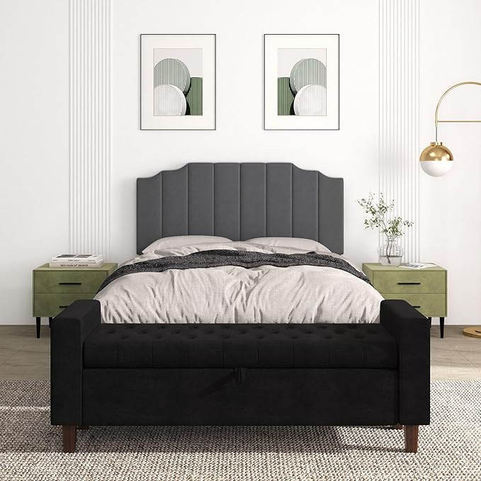 Befurtori Queen Size Headboard Only, Velvet Wall Mounted Headboard Queen/Full Size for Adjustable Bed, Modern Vertical Channel Design with Curved Tufted Upholstered Head Board,Dark Gray