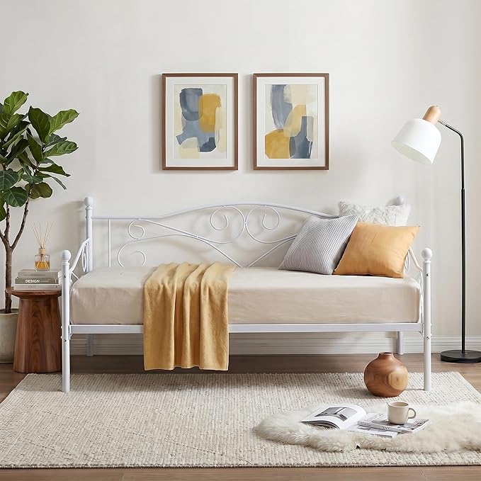 VECELO Daybed Frame, Twin Size Metal Platform Bed with Headboard,Heavy Duty Steel Slats Support for Living Room Bedroom Guest Room, Easy Assembly