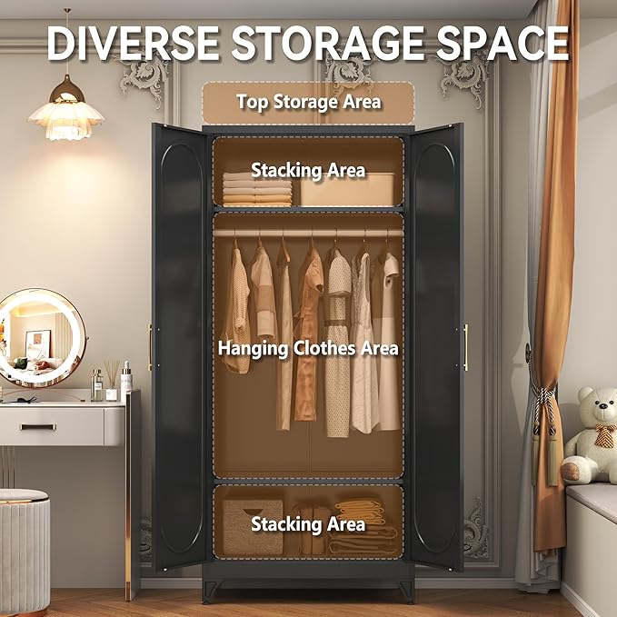 Polup Metal Armoire Wardrobe Closet with Doors and Shelves, 71" Tall Wardrobe Closet with Hanging Rod, Freestanding Clothes Cabinets, Large Wardrobes for Bedroom, Home Office, Employee, Black
