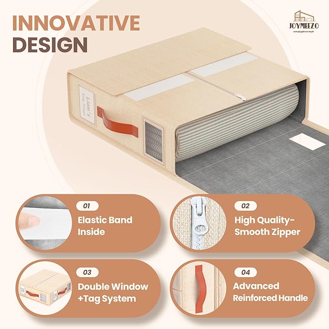 6 Pack Bed Sheet Organizers and Storage(King &Queen Size) with an Elastic Strap, Foldable Closet Linen Sheet Storage Container, Sheet Set Box for Blanket, Duvet Cover and Pillowcase, Beige