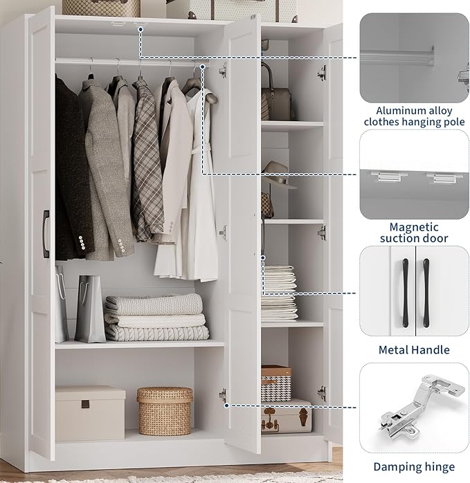 Garvee 3 Doors Wooden Wardrobe Closet, Morden Wardrobe Armoire with Doors and Shelves, Standing Closet Cabinet for Hanging Clothes, Large Capacity Storage Cabinet for Bedroom, White