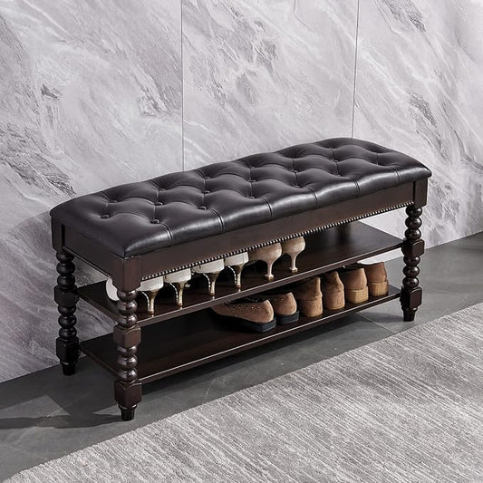 Shoe Storage Bench with Cushion, Entry Bench with Storage Solid Wood Shoe Bench Ideal for Entryway Living Room and Corridor (Walnut 39.4'')