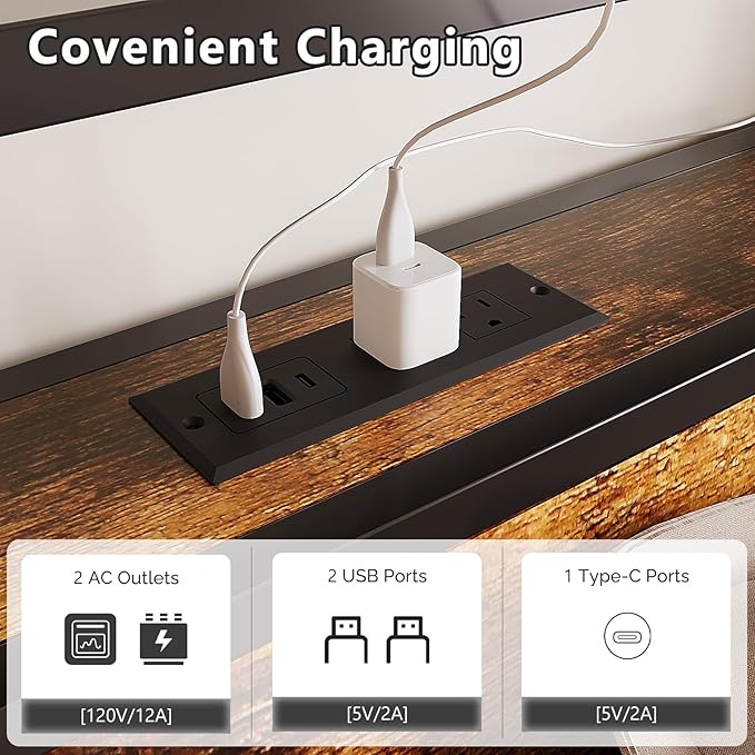 VINGLI Full Platform with 4 Storage Drawers and Headboard, Metal Double Bed with Charging Station and LED Lights, No Box Spring Needed, Noise Free, Easy Assembly, Vintage Brown