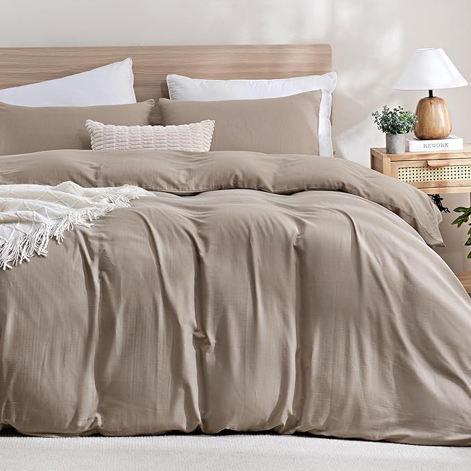 TOCOMOA Muslin Duvet Cover 100% Cotton Like Linen Texture Breathable Soft Comfy 3-Piece Taupe Comforter Cover Bedding Set (King 104"x90", Comforter Not Included)