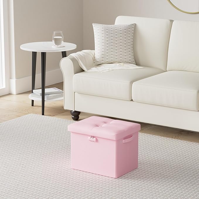 DocSafe Storage Ottoman Foot Rest Stool with Lock ＆ Handles, Fireproof Folding Leather Footstool Bench with Storage Safe for Living Room Bedroom, Home Office, Dorm, 17x13x13in, Pink