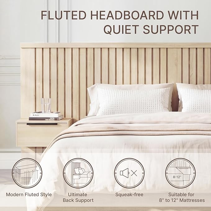 KISLOT Queen Size Wood Bed Frame with Built-in Nightstands, Modern Fluted Headboard & Storage Drawers, Solid Wood Slat Support, No Box Spring Needed, Noise-Free, Easy Assembly