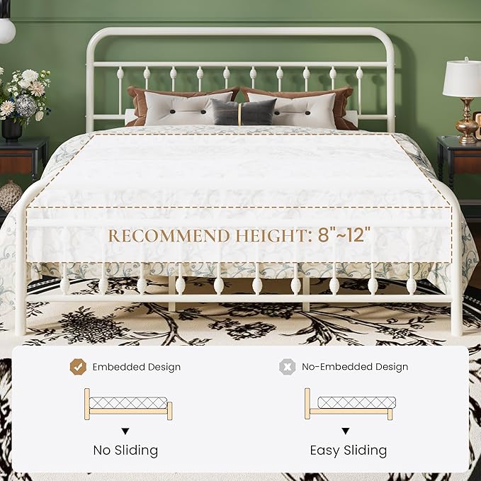 SHA CERLIN King Size Metal Platform Bed Frame with Victorian Style Iron-Art Headboard and Footboard, Easy Assembly, Under Bed Storage, No Box Spring Required, Off White