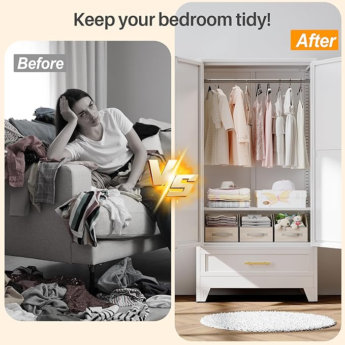 RIETERN Metal Armoire Wardrobe 71" Tall Closet, Bedroom Closet with Mirror, 1 Drawer, Adjustable Shelves, and Hanging Rod, Steel Clothes Closets and Storage, for Bedroom White