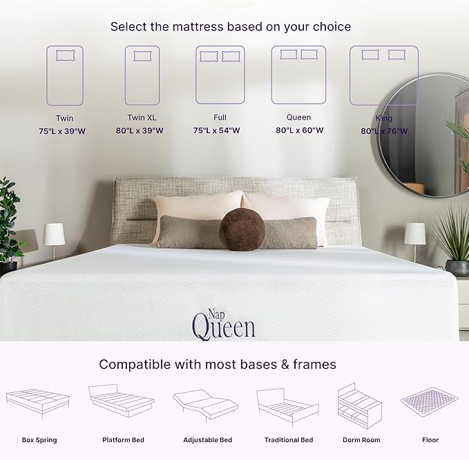 NapQueen 8 Inch Twin-XL Size Mattress, Bamboo Charcoal Memory Foam Mattress, Bed in a Box, White