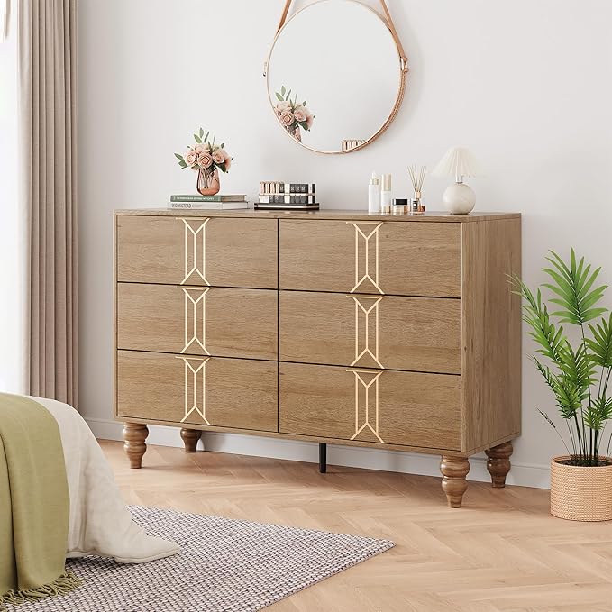 IDEALHOUSE Modern Wooden 6 Drawer Dresser with Vintage Pattern Design, Chest Dresser with Deep Drawers for Bedroom, Living Room and Entryway, Oak and Gold