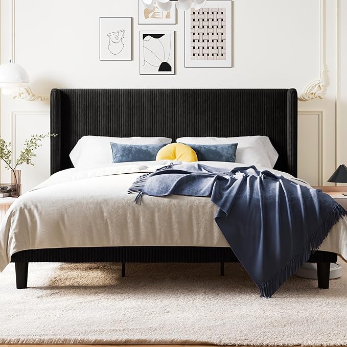 Allewie King Size Bed Frame with Upholstered Wingback Headboard, Vertical Channel Tufted Corduroy Velvet Platform Bed, Strong Wooden Slats Support, No Box Spring Needed, Easy Assembly, Black
