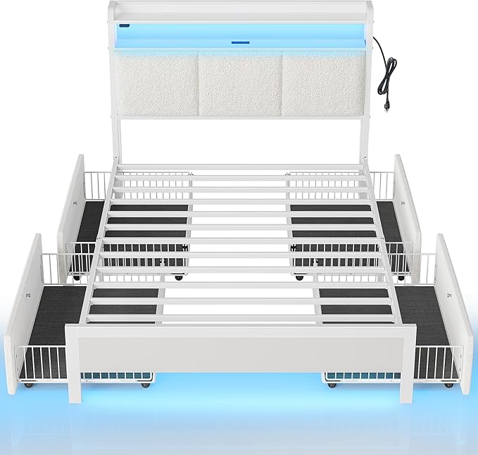 Rolanstar Bed Frame Twin Size with Charging Station and LED Lights, Upholstered Storage Headboard with Drawers, Heavy Duty Metal Slats, No Box Spring Needed, Noise Free, Easy Assembly, White