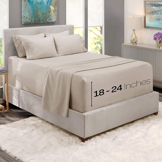 Hearth & Harbor Bed Sheets, Luxury Soft 6 Piece Bed Sheet Set Extra Deep Pocket Fitted Sheets Fits Mattress up to 21", Double Brushed Bedding Sheets & Pillowcases, Queen, Natrual Linen
