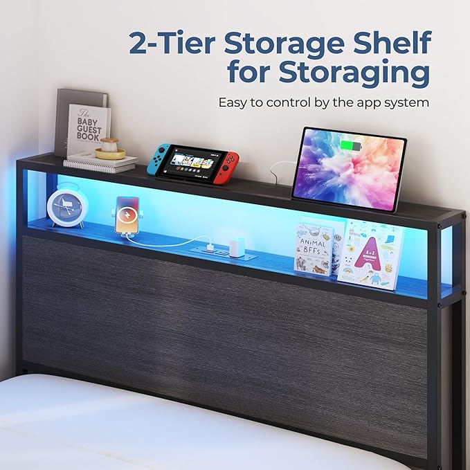 PHGLL Twin Bed Frame with 2-Tier Storage Headboard, Twin Size Metal Bed Frame with 2 Storage Drawers, 3-in-1 Charging Station & RGB LED, Noise-Free/Metal Support/No Box Spring Needed, Rustic Grey