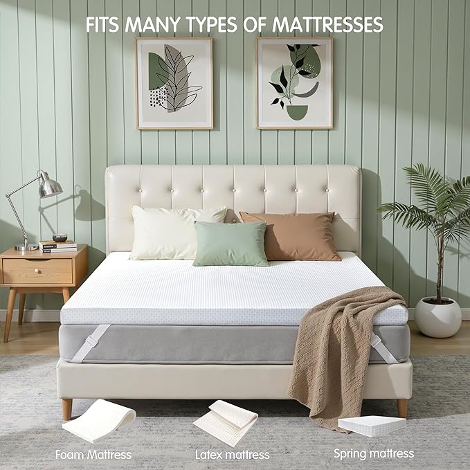 Subrtex 4 Inch Mattress Topper Cover (Only Cover) Mattress Topper Protector Bedding Rayon Made from Bamboo Removable Mattress Encasement with Zippers, CK