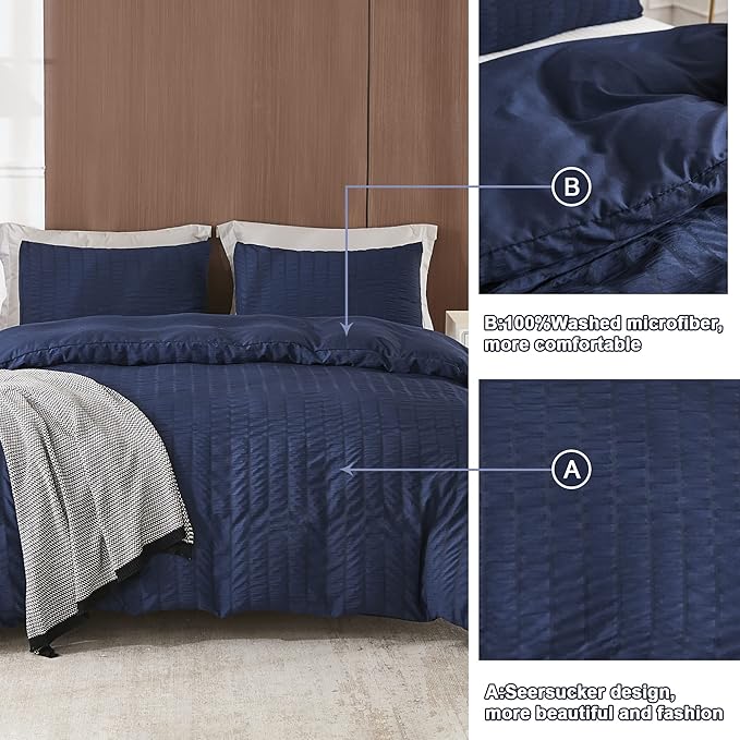 AveLom Seersucker Duvet Cover Set Queen Size (90 x 90 inches), 3 Pieces (1 Duvet Cover + 2 Pillow Cases), Navy Blue Ultra Soft Washed Microfiber, Textured Duvet Cover with Zipper Closure, Corner Ties