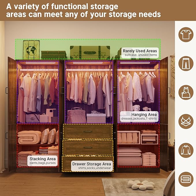 Hlivelood 75" Tall Farmhouse 6 Doors Armoire Wardrobe Closet with 3 Drawers and LED,Freestanding Closet Wardrobe Cabinet for Bedroom with Hanging Rod,Wooden Armoire Storage Cabinet(Brown 6 Doors 1)