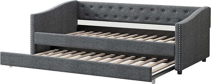 Upholstered Daybed with Trundle, Twin Size Day Bed w/Button-Tufted Back and Piping on Waved-Shape Arms for Bedroom or Guest Room, No Box Spring Required, Dark Gray